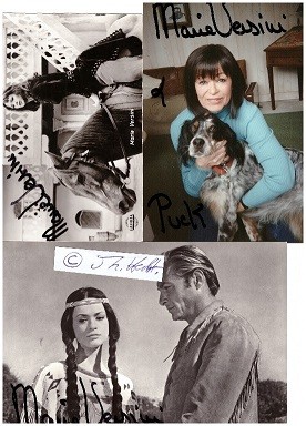 MARIE VERSINI (1940-2021) französische Schauspielerin. Berühmt wurde sie als Nscho-tschi in Winnetou 1. Teil (1963) von Harald Reinl. Sie spielte noch in vier weiteren Karl-May-Filmen mit: in Der Schut (1964), Durchs wilde Kurdistan (1965), Im Reiche des silbernen Löwen (1965) und in Winnetou und sein Freund Old Firehand (1966) (da noch einmal als Nscho-tschi)..