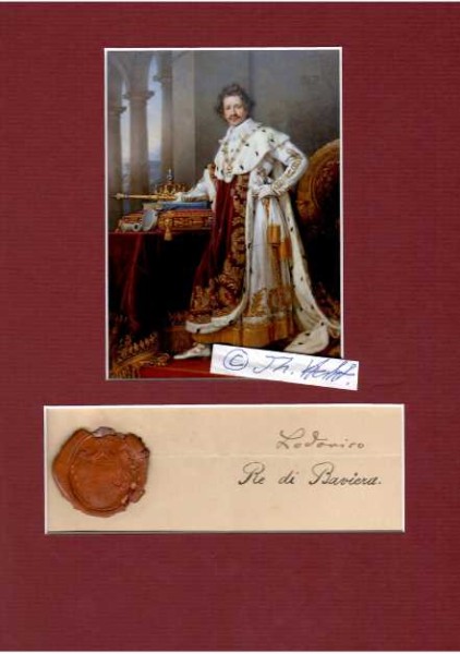 LUDWIG I. (1786-1868) KÖNIG VON BAYERN von 1825 bis 1848. Er folgte seinem Vater Maximilian I. nach dessen Tod im Jahre 1825 auf den bayerischen Thron und dankte im Revolutionsjahr 1848 nach seiner Affäre mit der Tänzerin Lola Montez zugunsten seines Sohnes Maximilian II. ab.