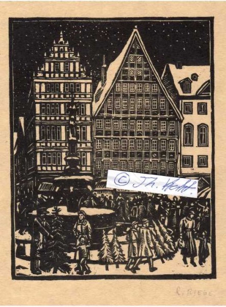 RUDOLF RIEGE (1892-1959 Hameln) deutscher Maler und Graphiker, 1909 Kunstschule in Weimar, als er nach dem Ersten Weltkrieg 1919 seine Ausbildung am Bauhaus in Weimar als Meisterschüler fortsetzte, stand der Expressionismus im Höhepunkt seiner Entwicklung. Hier fand Riege zu seinem persönlichen Stil. rößere Verbreitung fanden Rieges graphische Werke, darunter etliche Militaria, über den nationalsozialistisch ausgerichteten Woensam-Ring der Schaffenden.