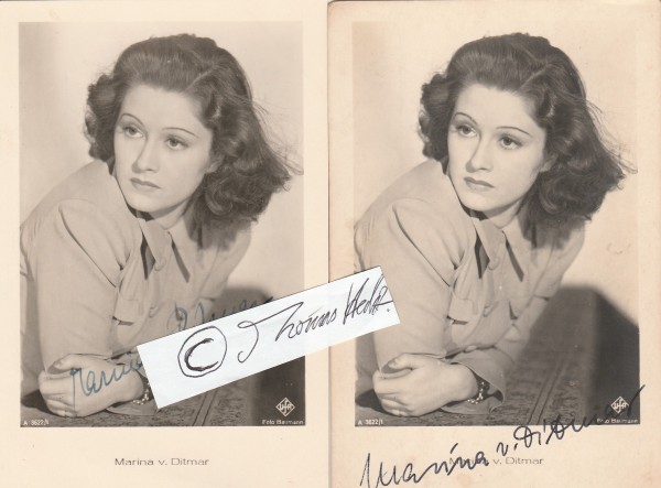 MARINA VON DITMAR (1914-2014) deutsch-baltische Theater- und Filmschauspielerin, zur Zeit des Nationalsozialismus bekannten Propagandafilmen wie LEGION CONDOR (1939) und STUKAS (1941), verheiratet mit dem Mediziner Hans-Georg Dehnhardt (1913–2001), Chefarzt der „Rhön-Klinik“