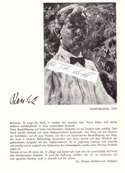 BERNHARD PANKOK (1872-1943) deutscher Maler, Graphiker, Architekt und Designer. Seine Werke sind geprägt vom Übergang zwischen Jugendstil und Internationalem Stil. 1892 eröffnete er ein Atelier in München und arbeitete als freier Künstler, Grafiker und Illustrator für die Zeitschriften PAN und Jugend. 1913 Direktor der Kunstgewerbeschule in Stuittgart, Mitglied der Münchner Sezession. 1932 erfolgte die Ernennung zum Ehrenmitglied des Westfälischen Kunstvereins Münster, ein Jahr später die zum Ehrenmitglied der Akademie der Bildenden Künste München.