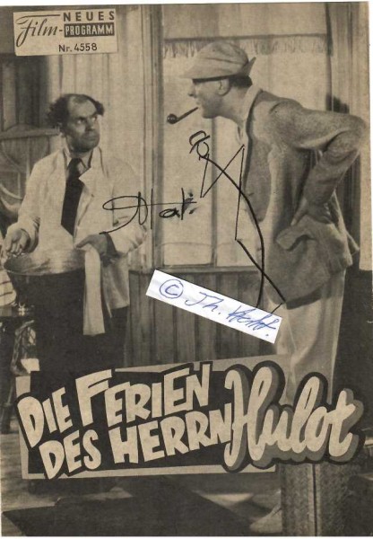 JACQUES TATI (Jacques Tatischeff, 1907-82) französischer Schauspieler, Drehbuchautor und Regisseur, der mit seiner Figur des liebenswert-exzentrischen „Monsieur Hulot“ weltberühmt wurde. Obwohl sein vielfach gefeiertes Werk als Regisseur nur einen vergleichsweise geringen Umfang hat, gilt Tati durch seine zivilisationskritischen und subtilen Komödien, die vor allem auf visuellem Humor basierten, als für die Filmgeschichte bedeutend.